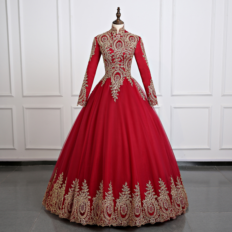 Red Muslim Wedding Dresses Real Picture Long Sleeve Wedding Ball