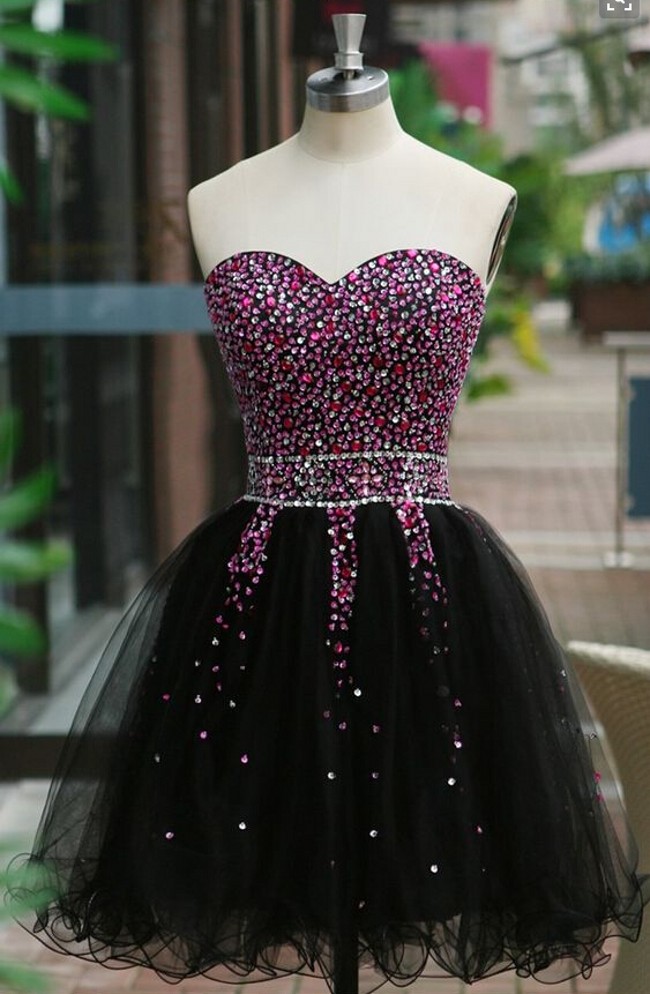 Colorful Sequins Short Mini Black Tulle Homecoming Dresses Custom Made Prom Gowns 2016 Evening Dress Little Black Dresses