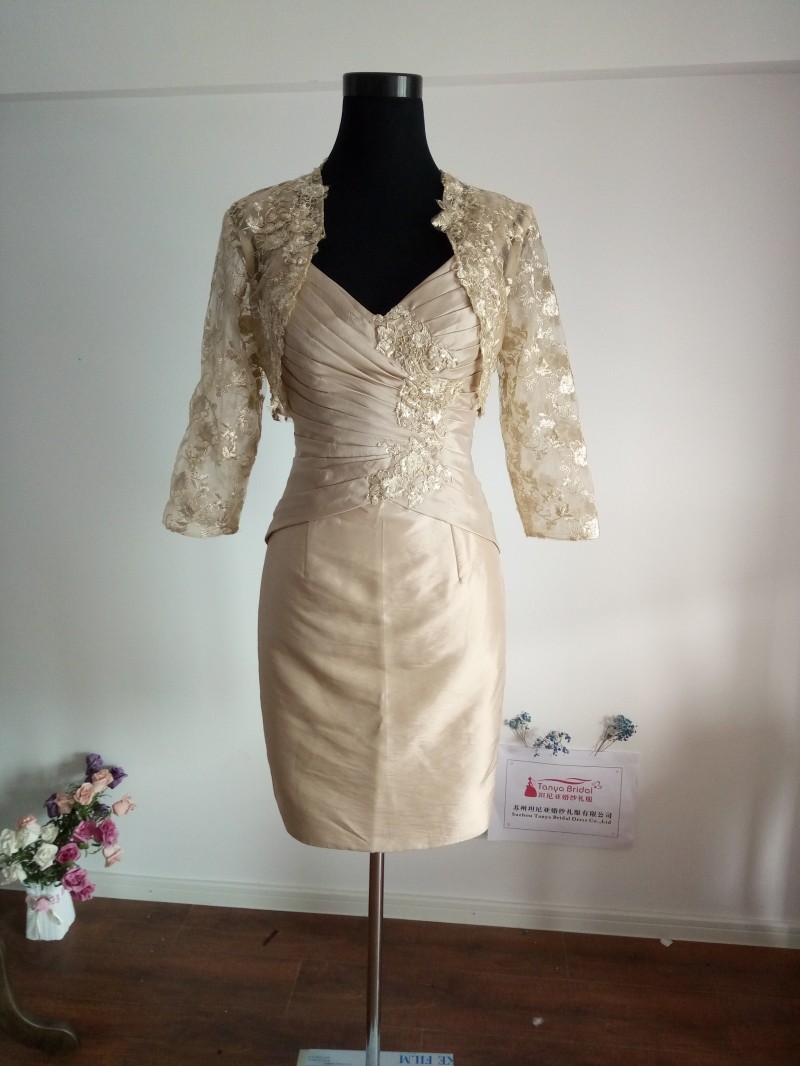 Sheath Mother Dress Taffeta Champagne Mother Of Groom Dresses,with Lace Jacket Knee Length Mother Dress Real Image
