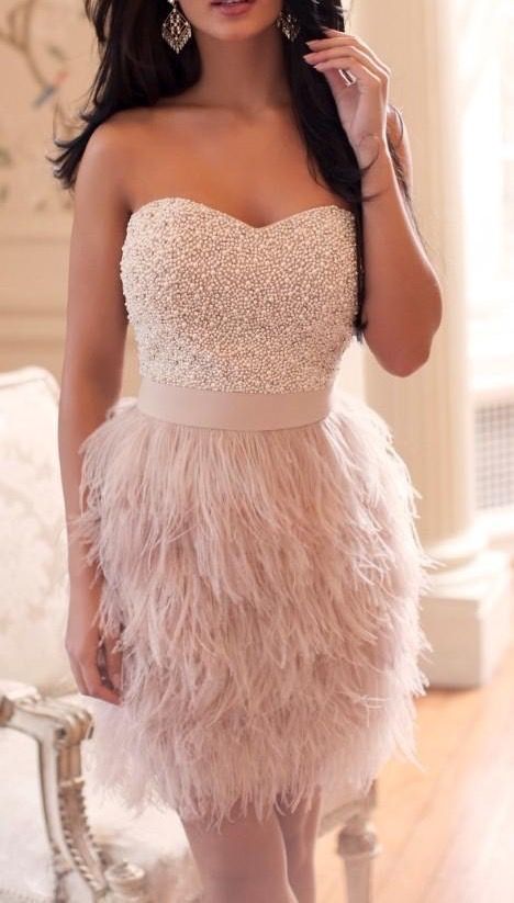 Strapless Sweetheart Neckline Jewel Embellished Bodice Feather Cocktail Dress, Wedding And Prom Dresses